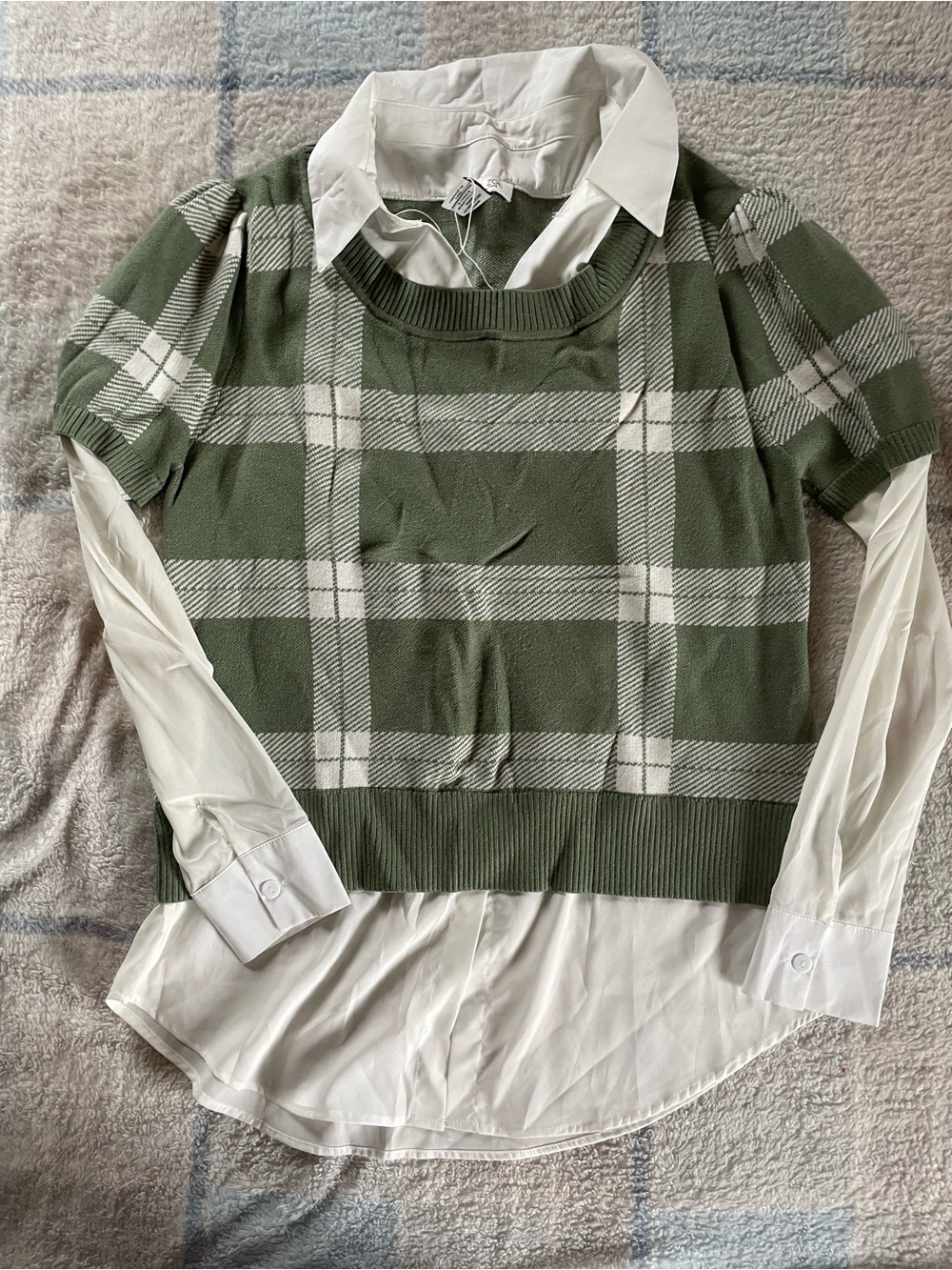 Rachel Zoe Olive Green and White Plaid Layered Sweater Blouse